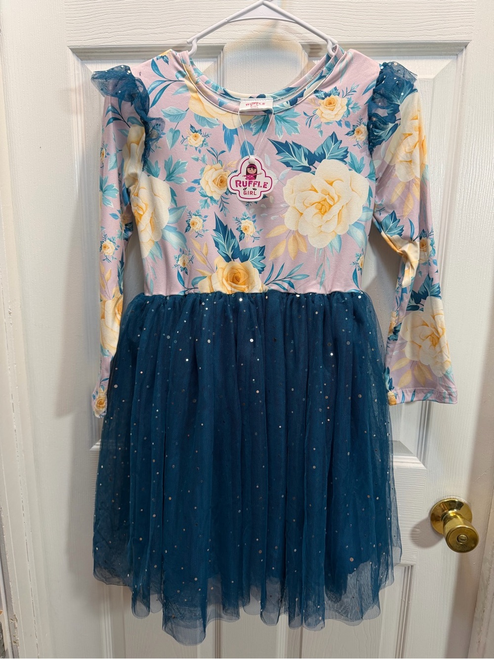 Ruffle Girl Navy Tulle Floral Long-Sleeve Kids Dress